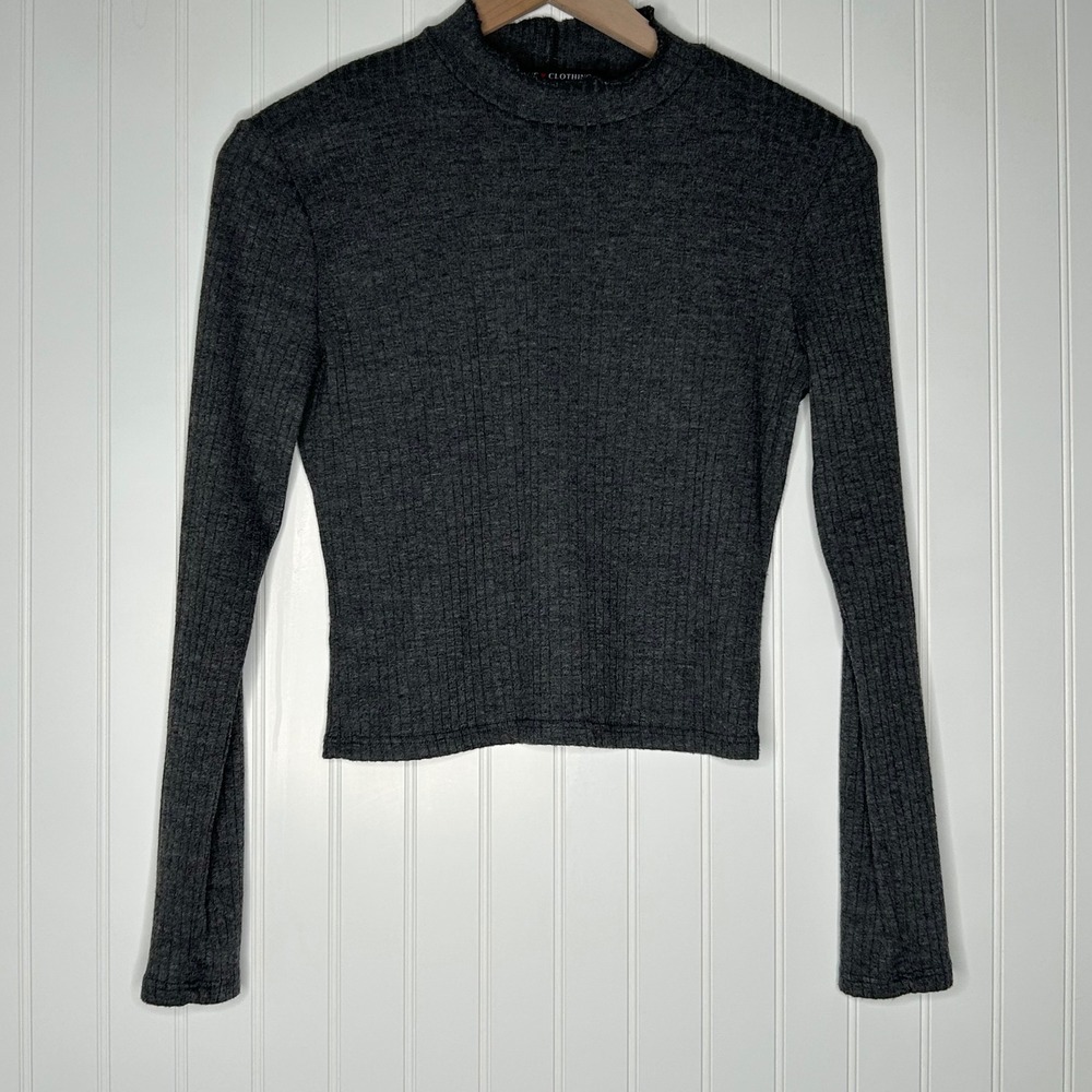 ONE Clothing Los Angeles Womens Crop Top Gray Ribbed Mock Neck Y2K Fitted
